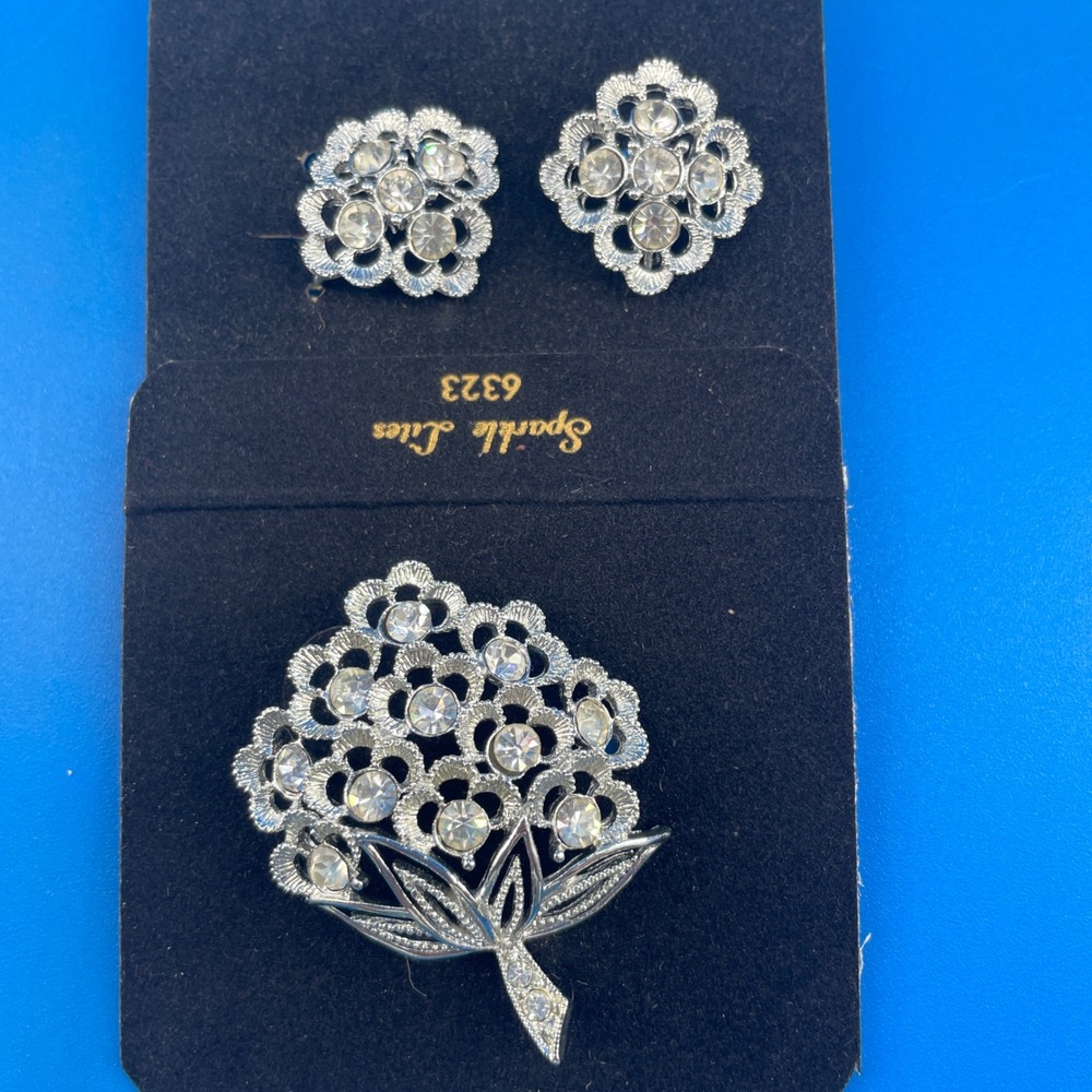 Sarah Coventry Sparkle Lites Silver Rhinestone Brooch Earrings Set VTG 1960s